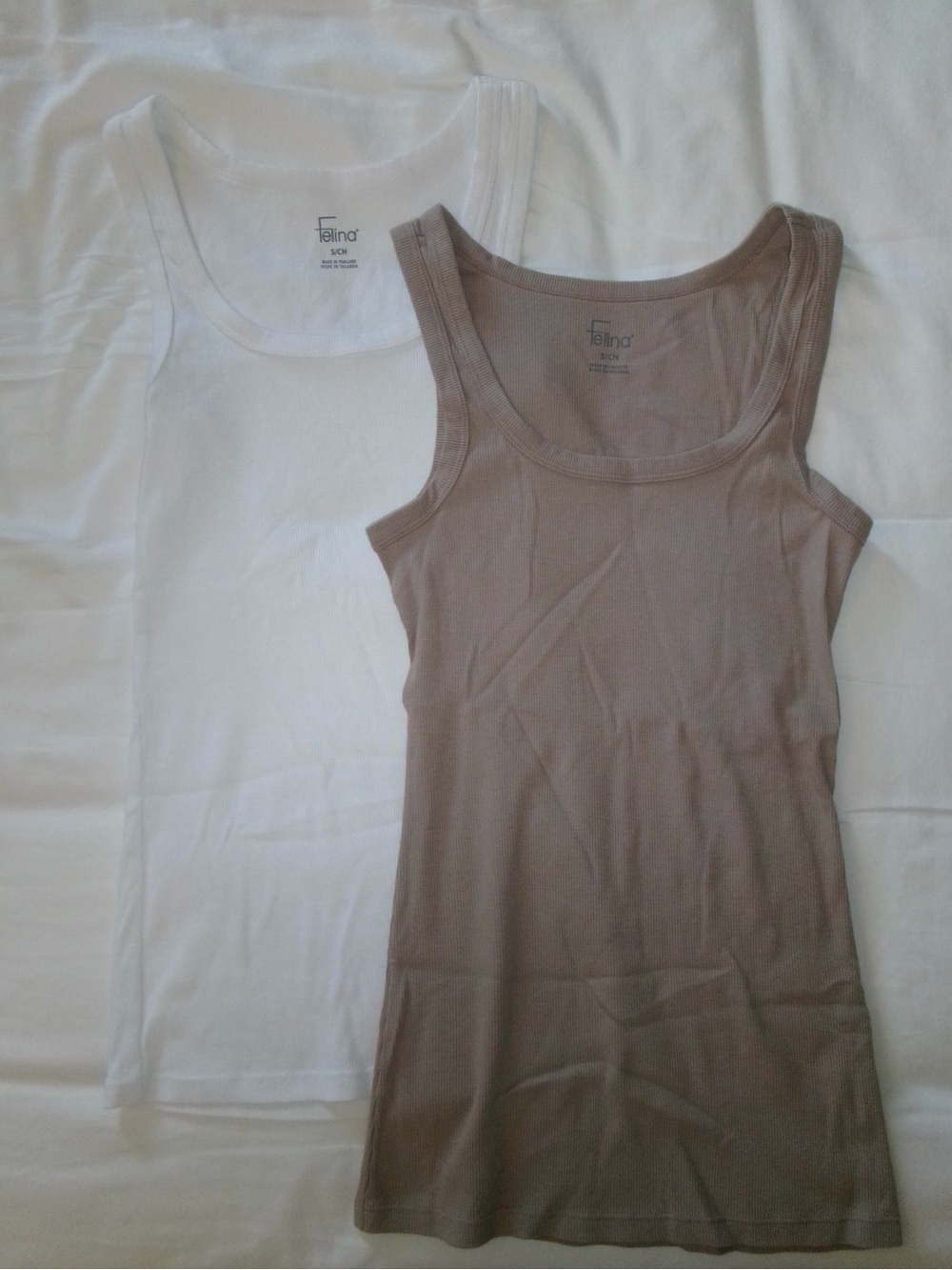 Felina Scoop Neck Ribbed Tank Set in White and Taupe - Size S